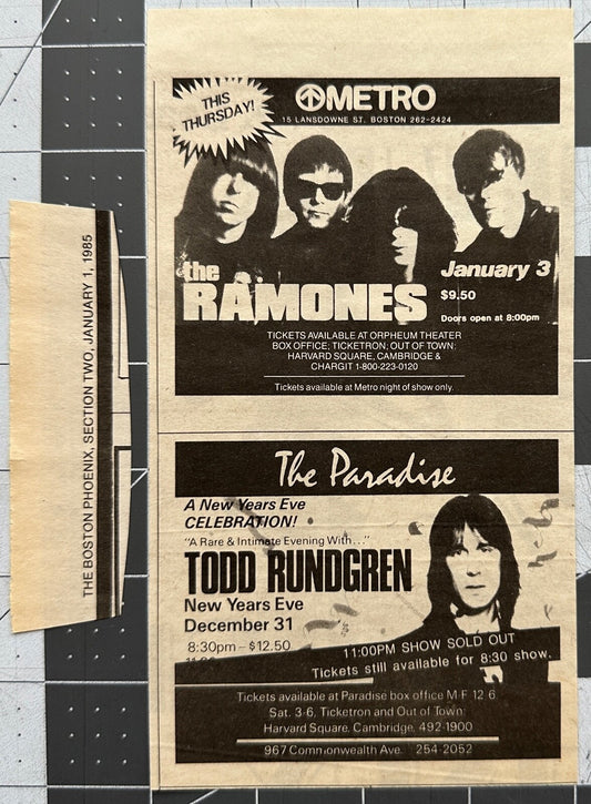 Ramones Original Concert Ad - January 3, 1985 / Todd Rundgren Dec 31, 1984 Boston